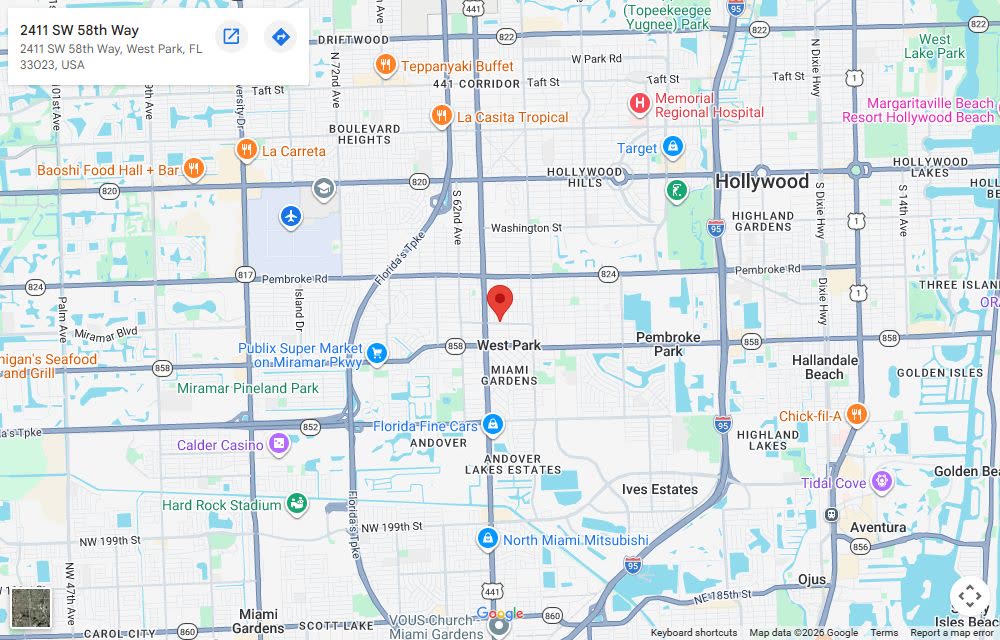 Map showing Plumber Mike's at 2411 SW 58th Way, West Park, between Pembroke Road and Hallandale Beach Blvd